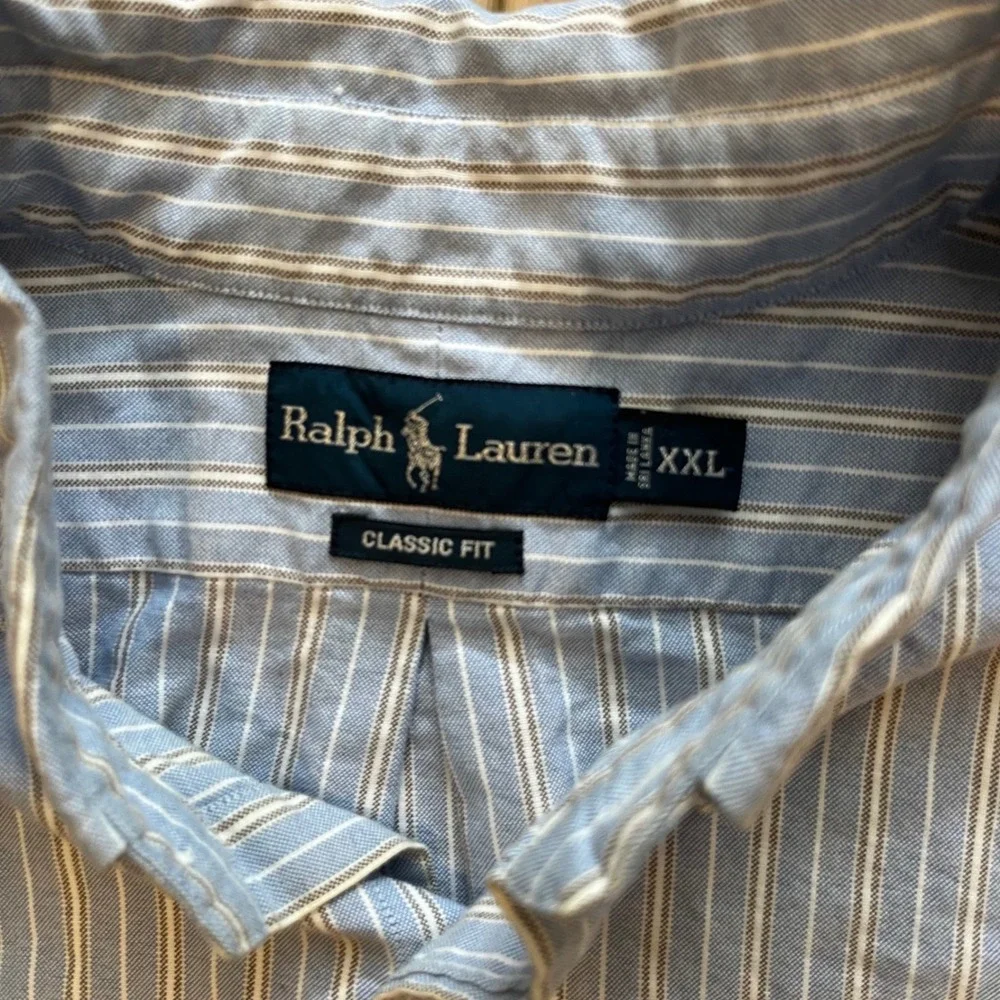 Ralph Lauren Mens XXL Classic Fit Short Sleeve Striped Oxford Shirt‎ Blue White